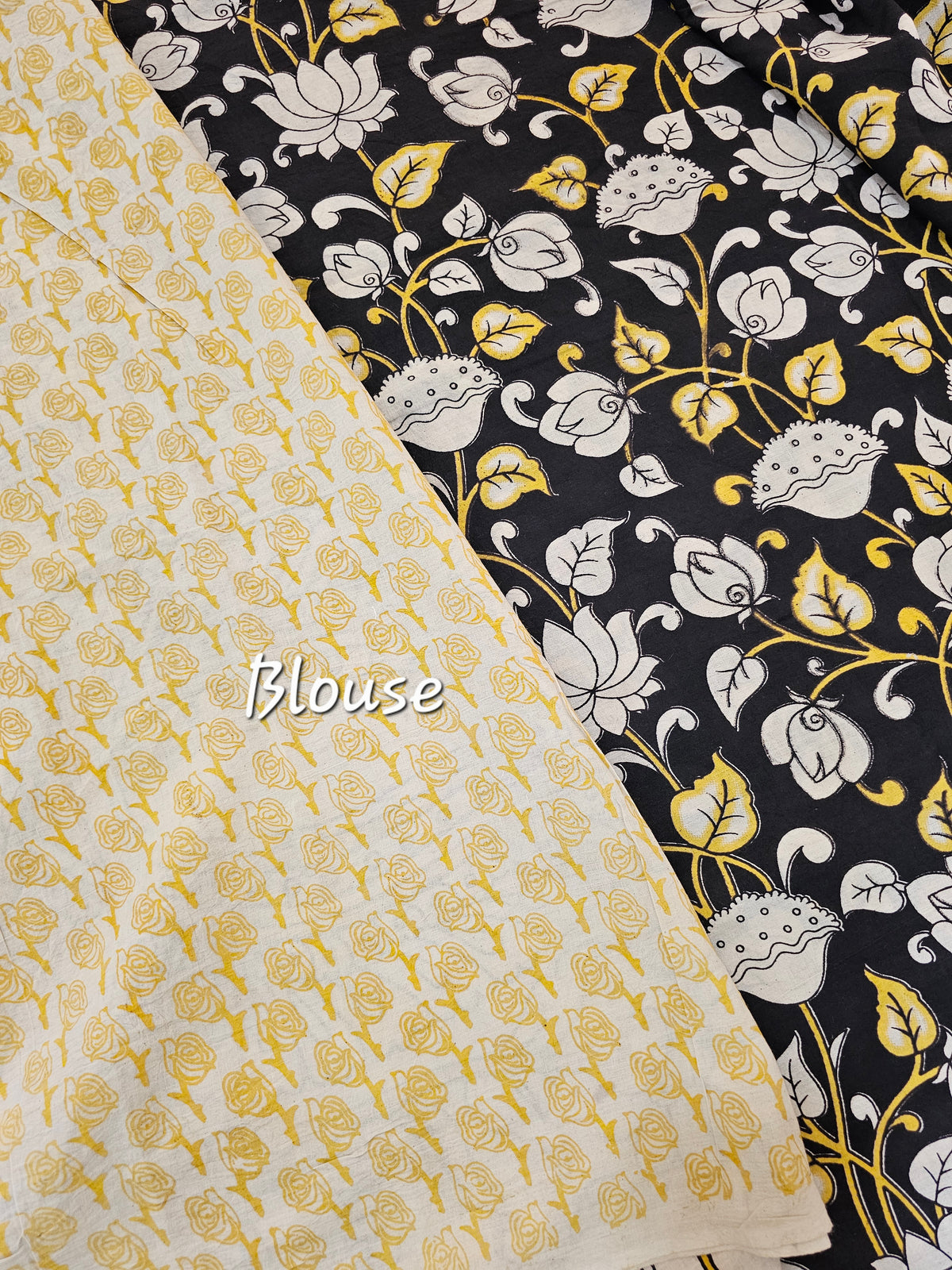 Cotton Kalamkari Printed Saree - Black with Yellow