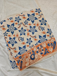 Cotton Kalamkari Printed Saree - Blue with Orange