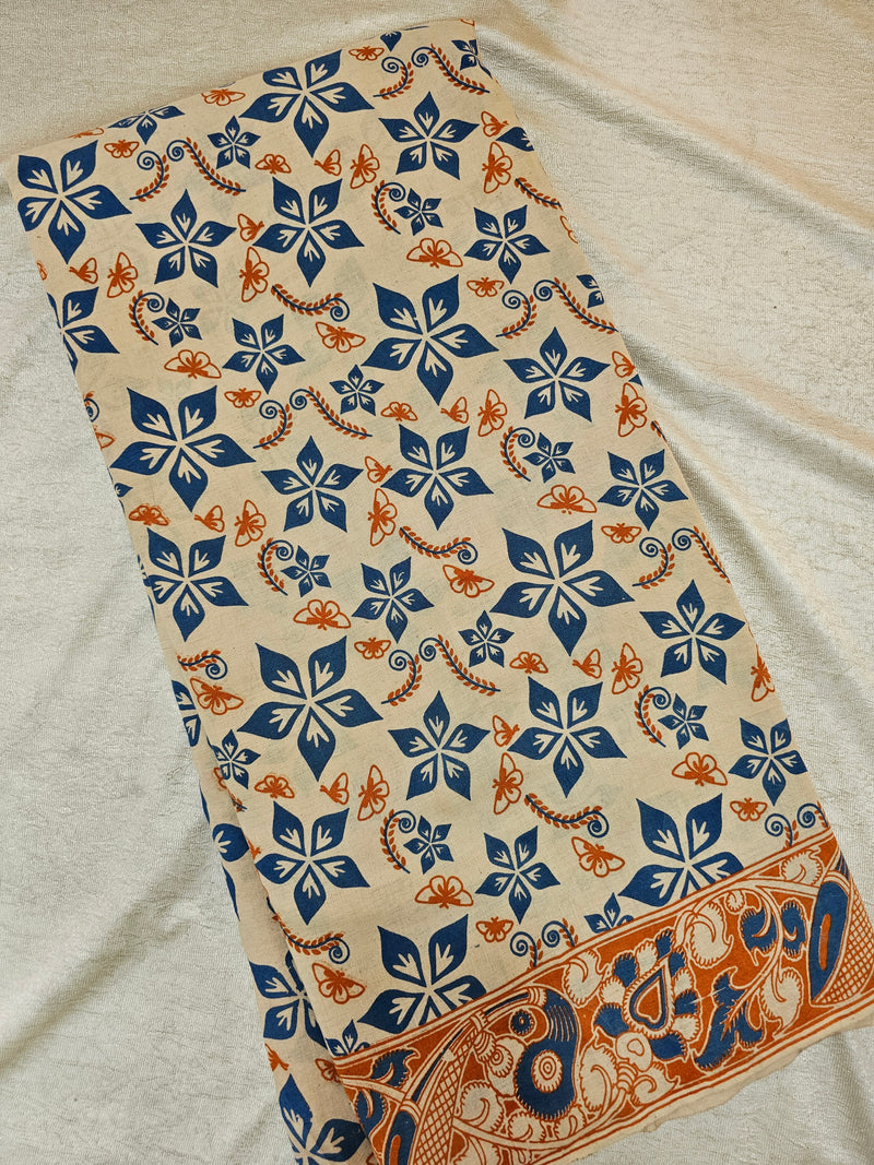 Cotton Kalamkari Printed Saree - Blue with Orange