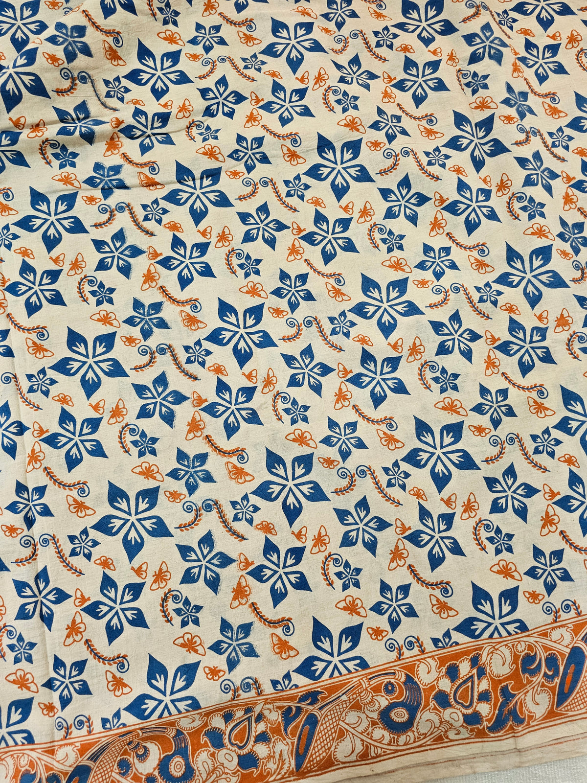 Cotton Kalamkari Printed Saree - Blue with Orange