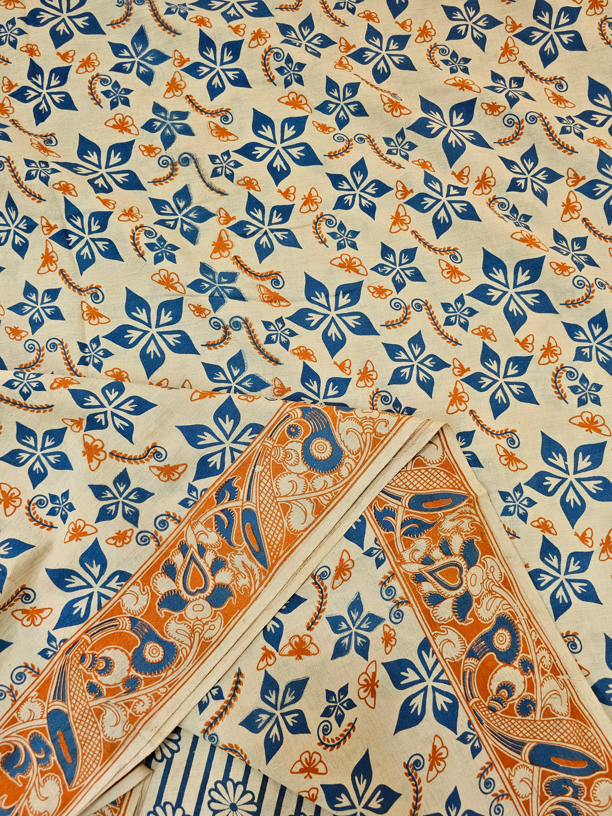 Cotton Kalamkari Printed Saree - Blue with Orange