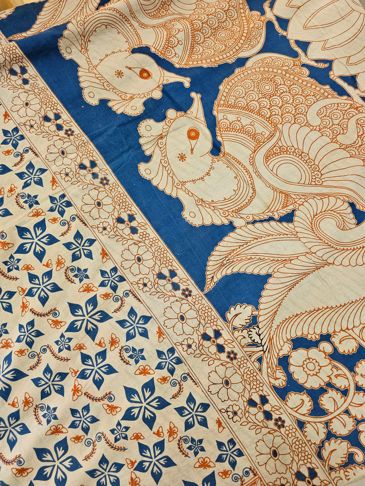 Cotton Kalamkari Printed Saree - Blue with Orange