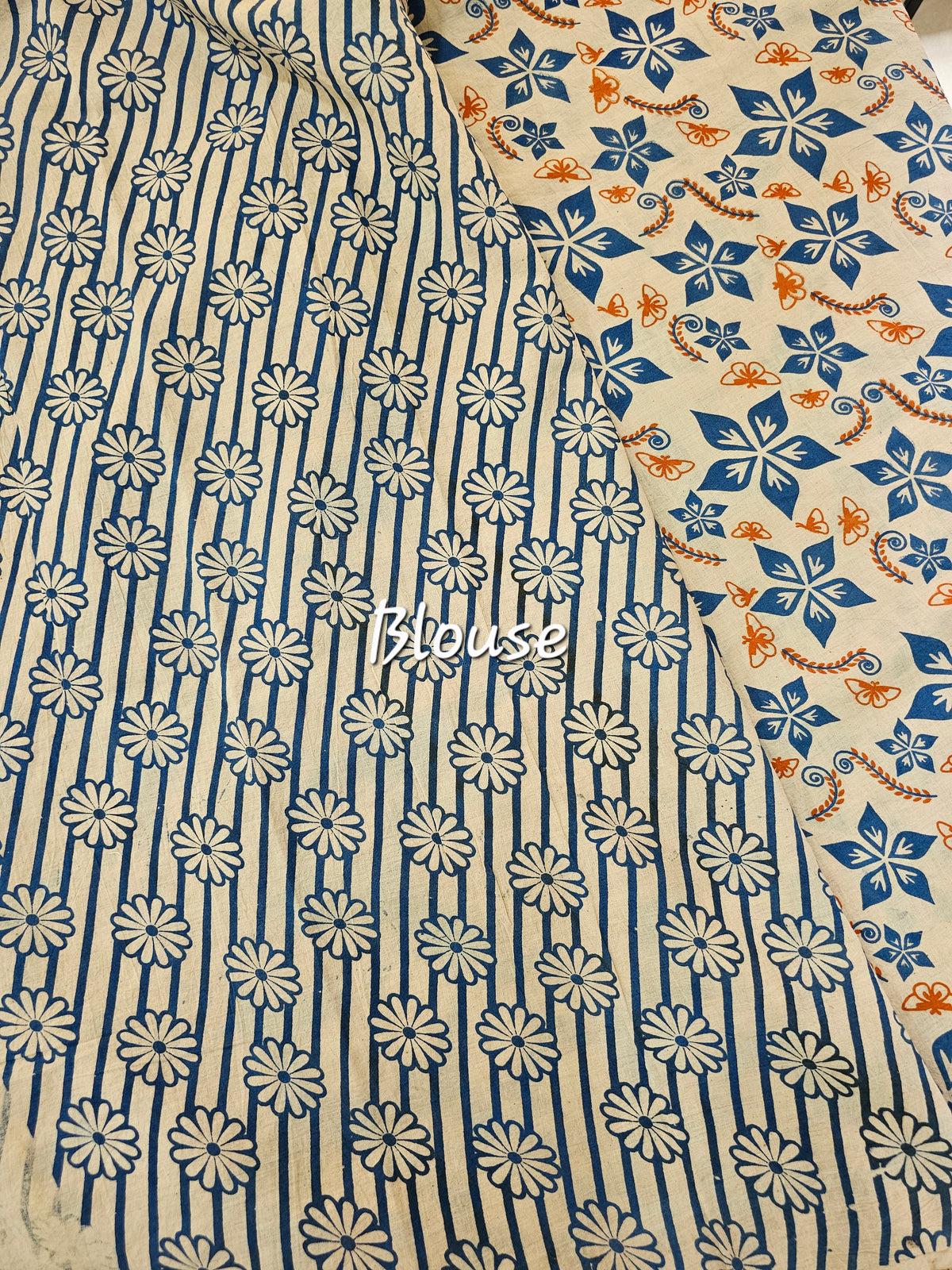 Cotton Kalamkari Printed Saree - Blue with Orange