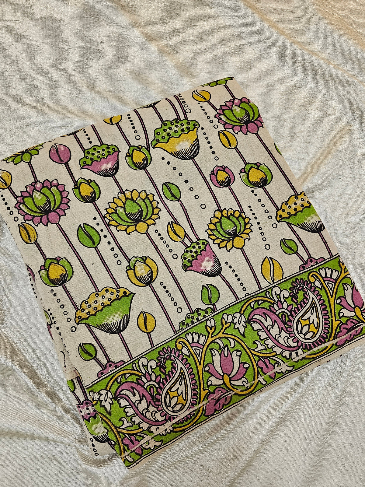 Cotton Pichwai Printed Saree - Green with Pink