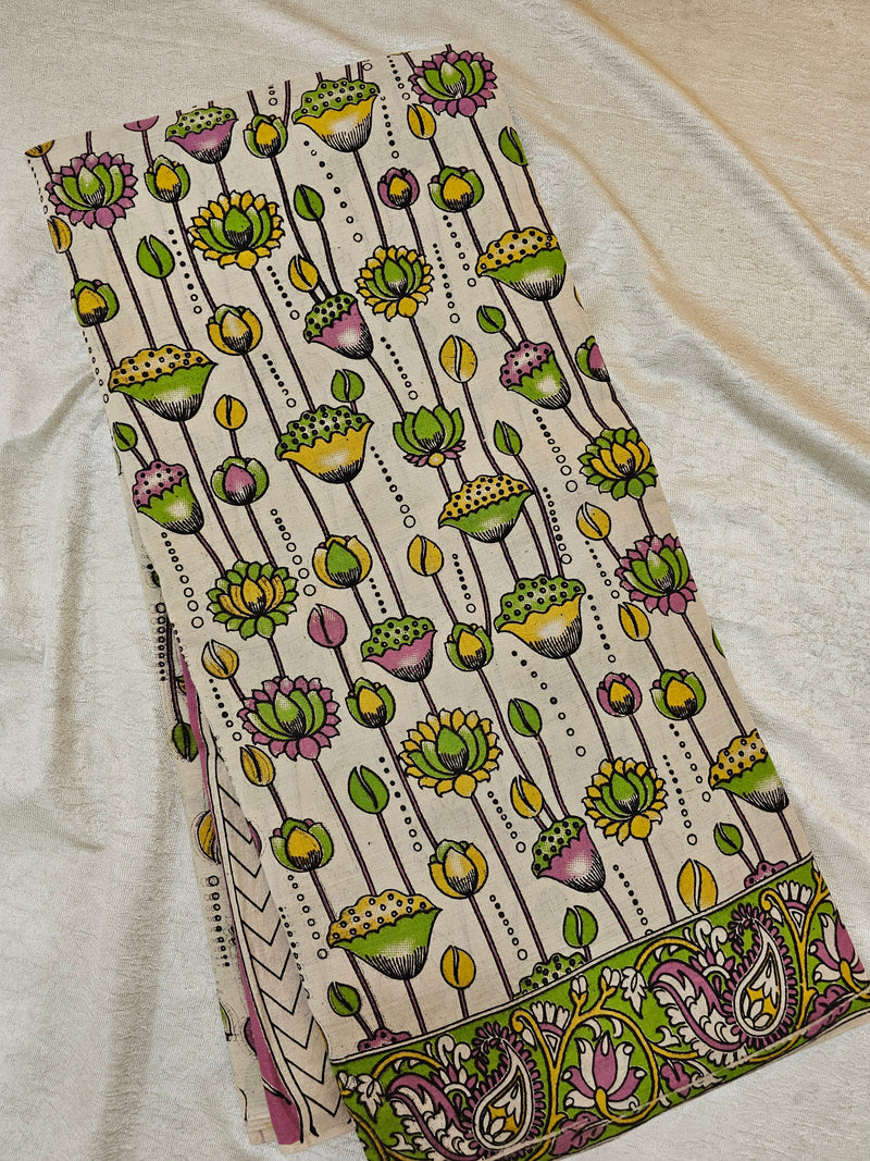 Cotton Pichwai Printed Saree - Green with Pink