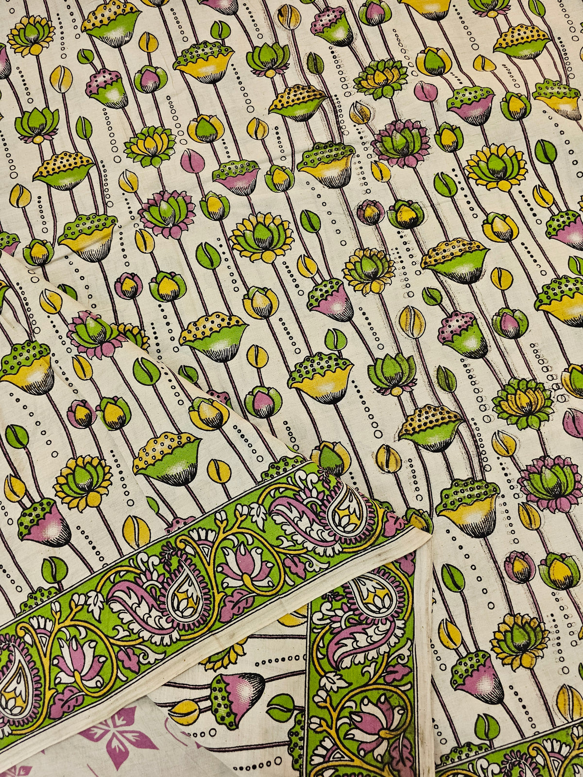 Cotton Pichwai Printed Saree - Green with Pink