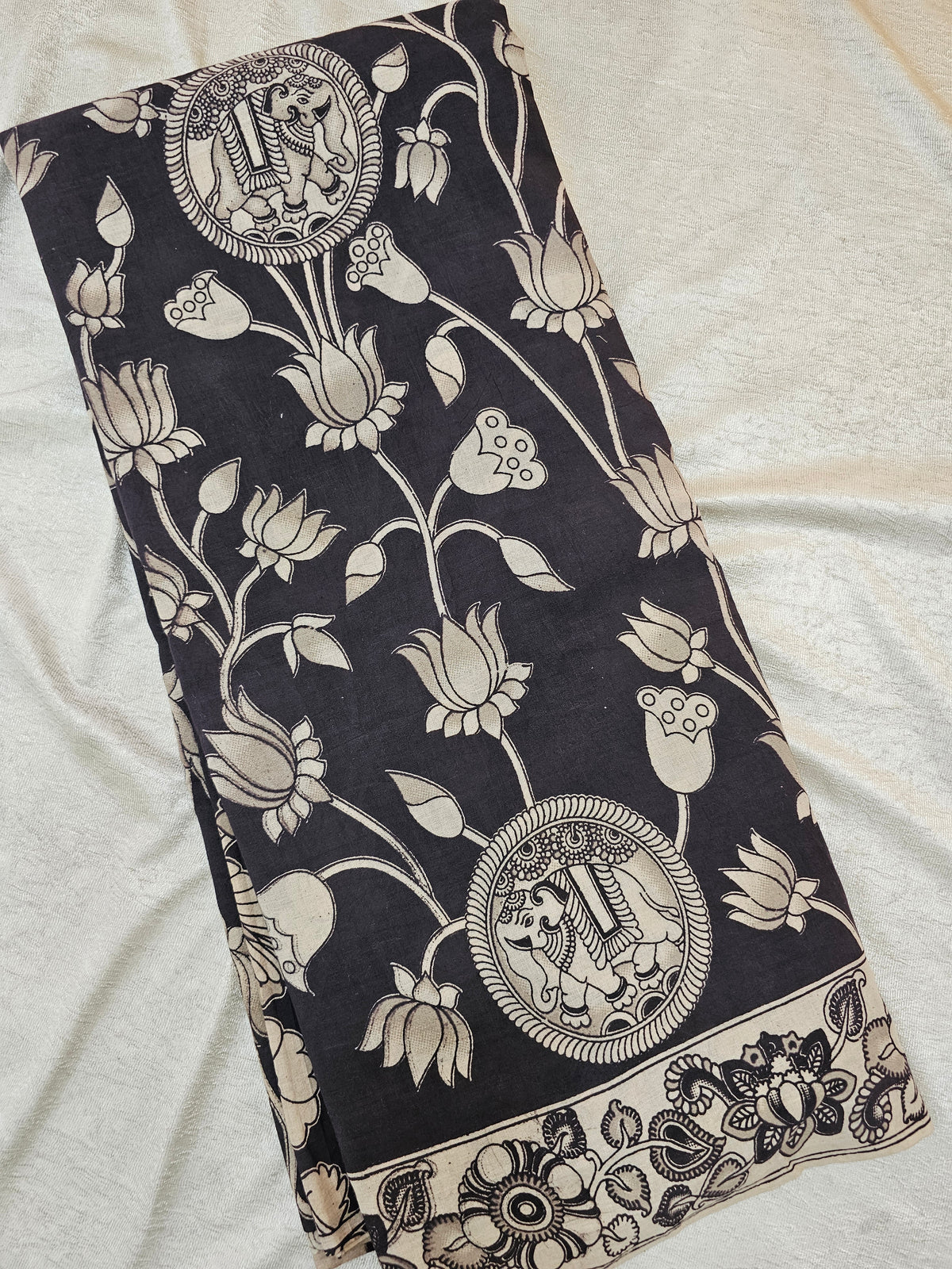 Cotton Kalamkari Printed Saree -  Black