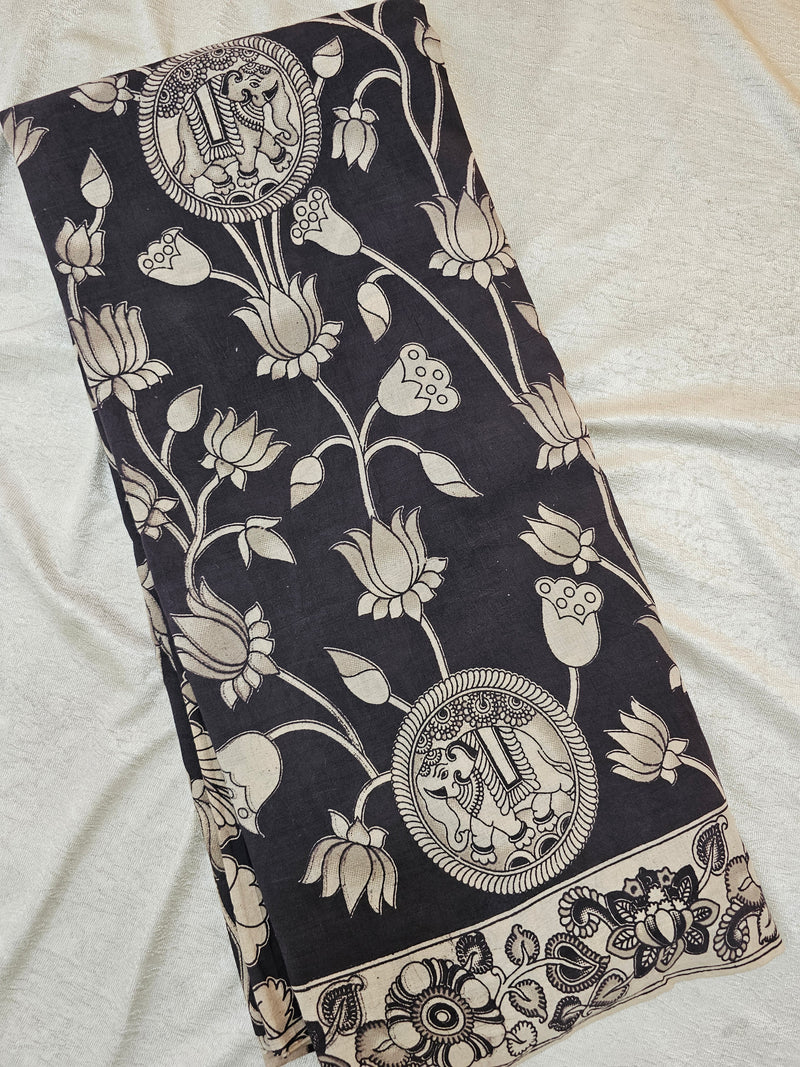 Cotton Kalamkari Printed Saree -  Black