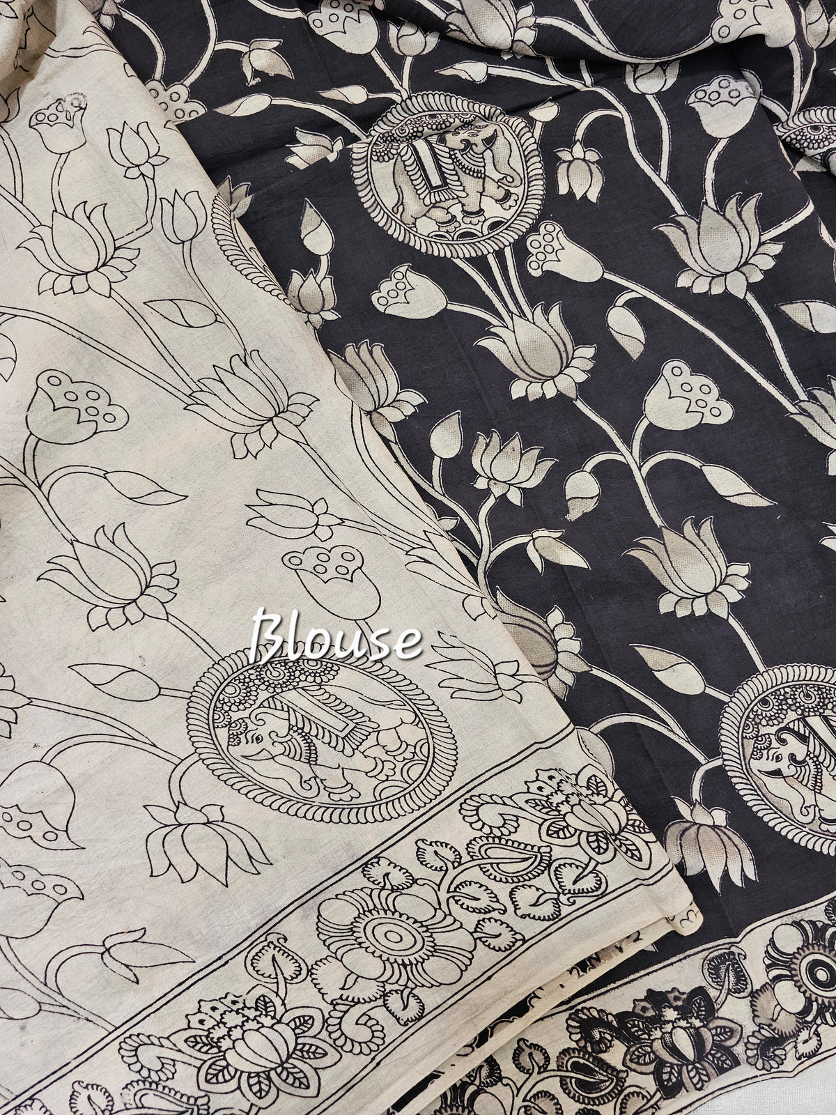 Cotton Kalamkari Printed Saree -  Black