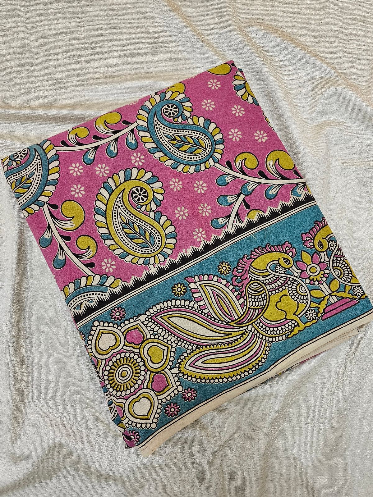 Cotton Kalamkari Printed Saree - Dark Pink with Green