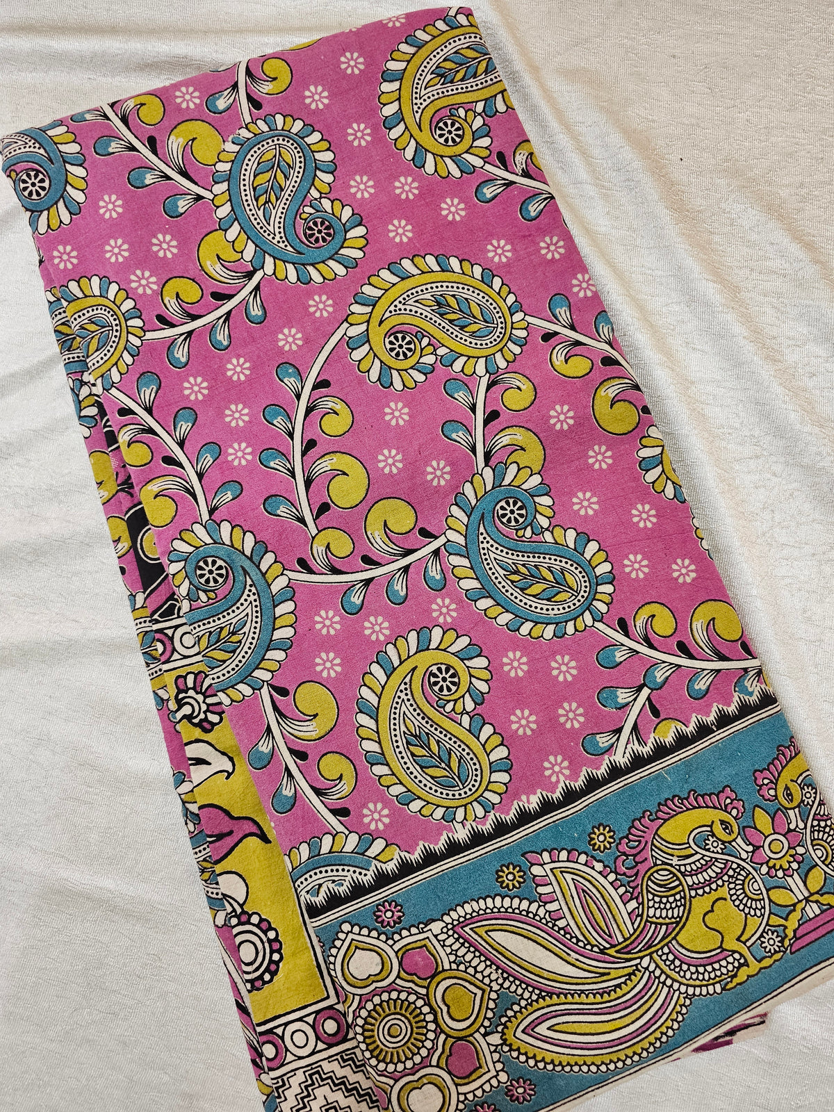 Cotton Kalamkari Printed Saree - Dark Pink with Green