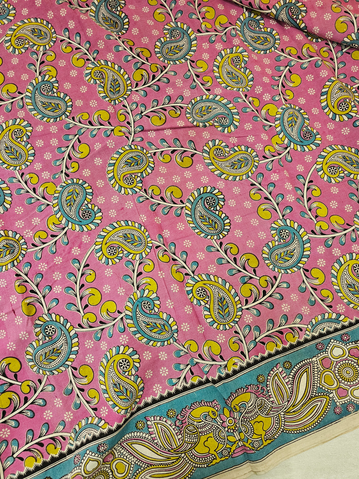 Cotton Kalamkari Printed Saree - Dark Pink with Green