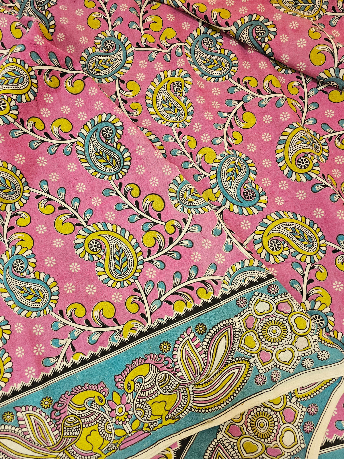 Cotton Kalamkari Printed Saree - Dark Pink with Green