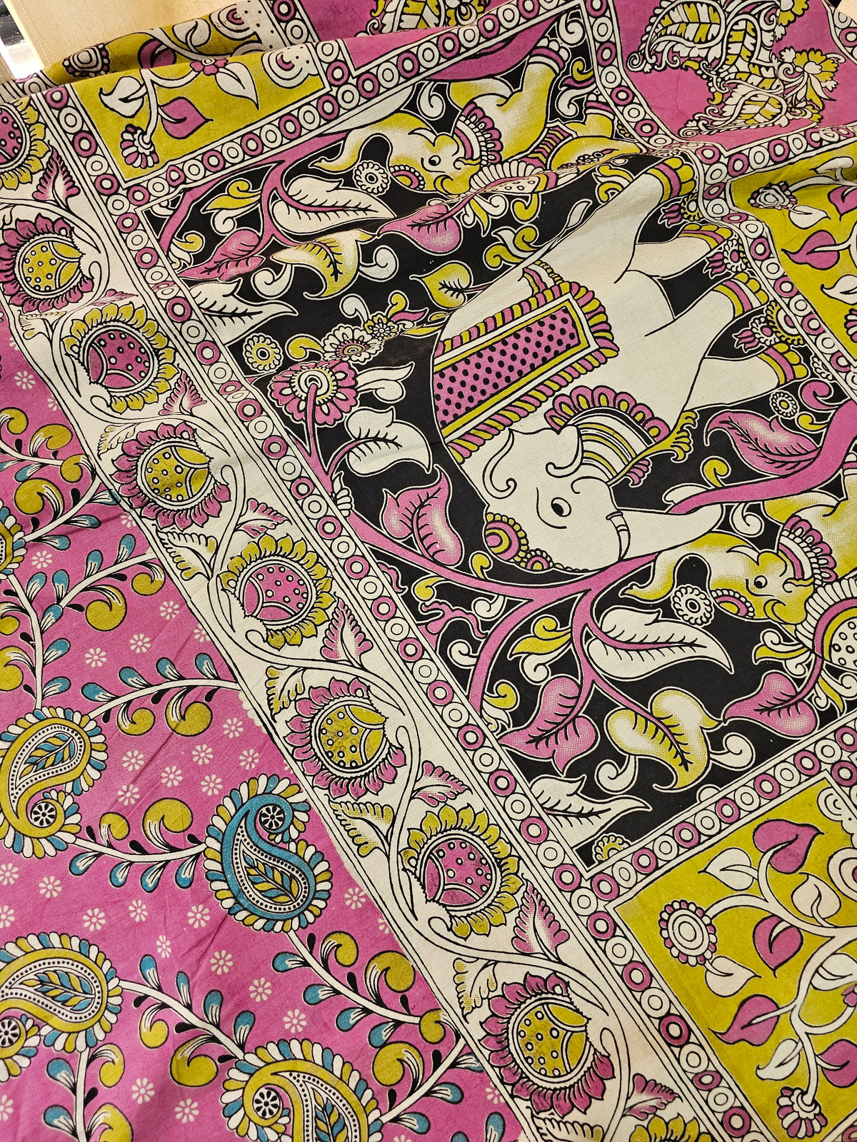 Cotton Kalamkari Printed Saree - Dark Pink with Green