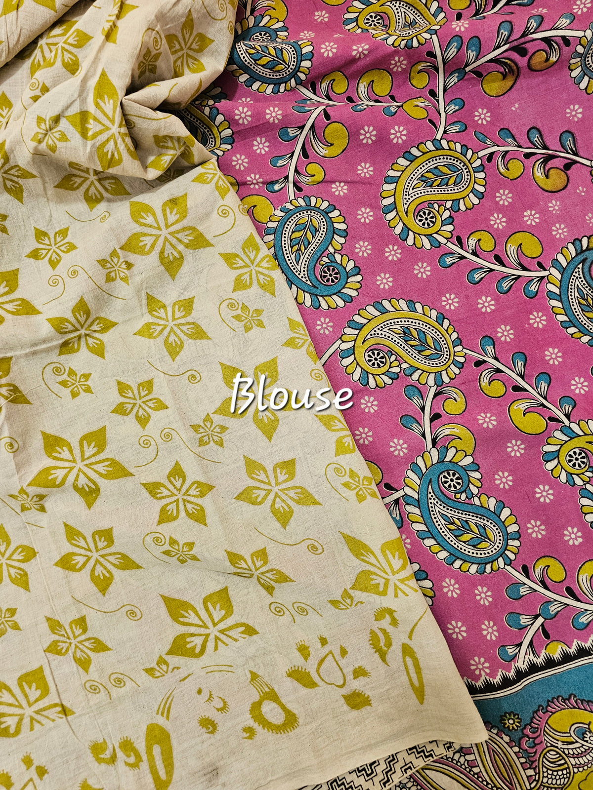 Cotton Kalamkari Printed Saree - Dark Pink with Green