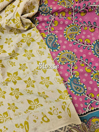 Cotton Kalamkari Printed Saree - Dark Pink with Green