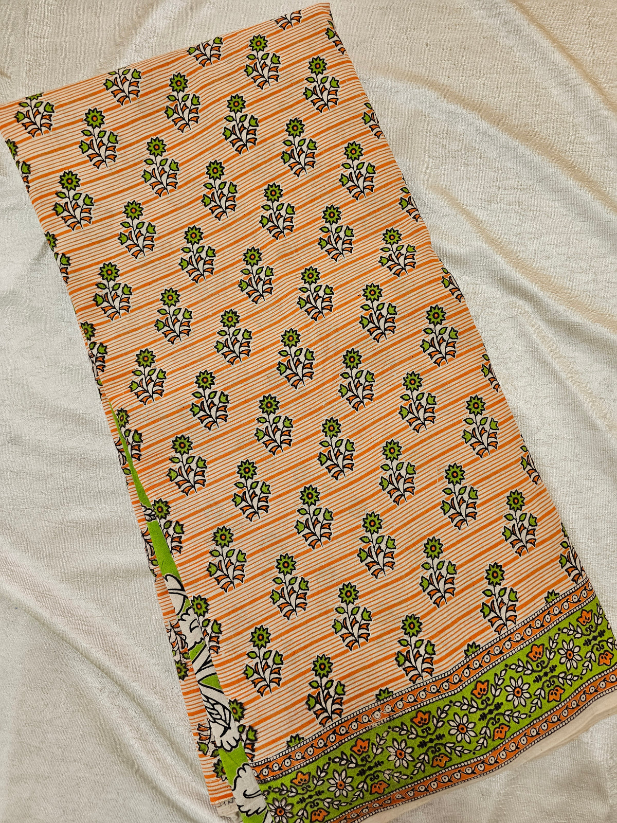 Cotton Kalamkari Printed Saree - Orange with Green