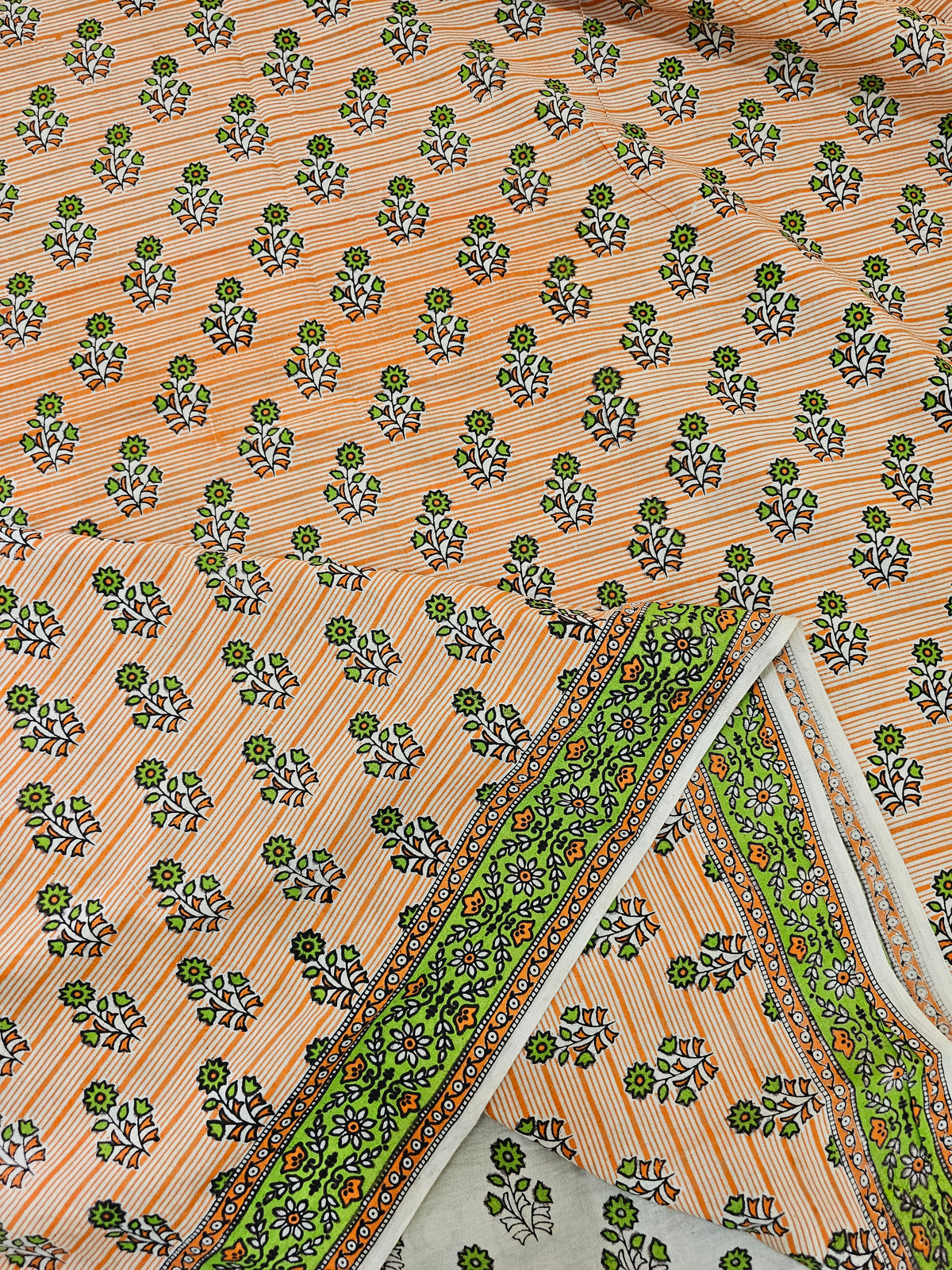 Cotton Kalamkari Printed Saree - Orange with Green