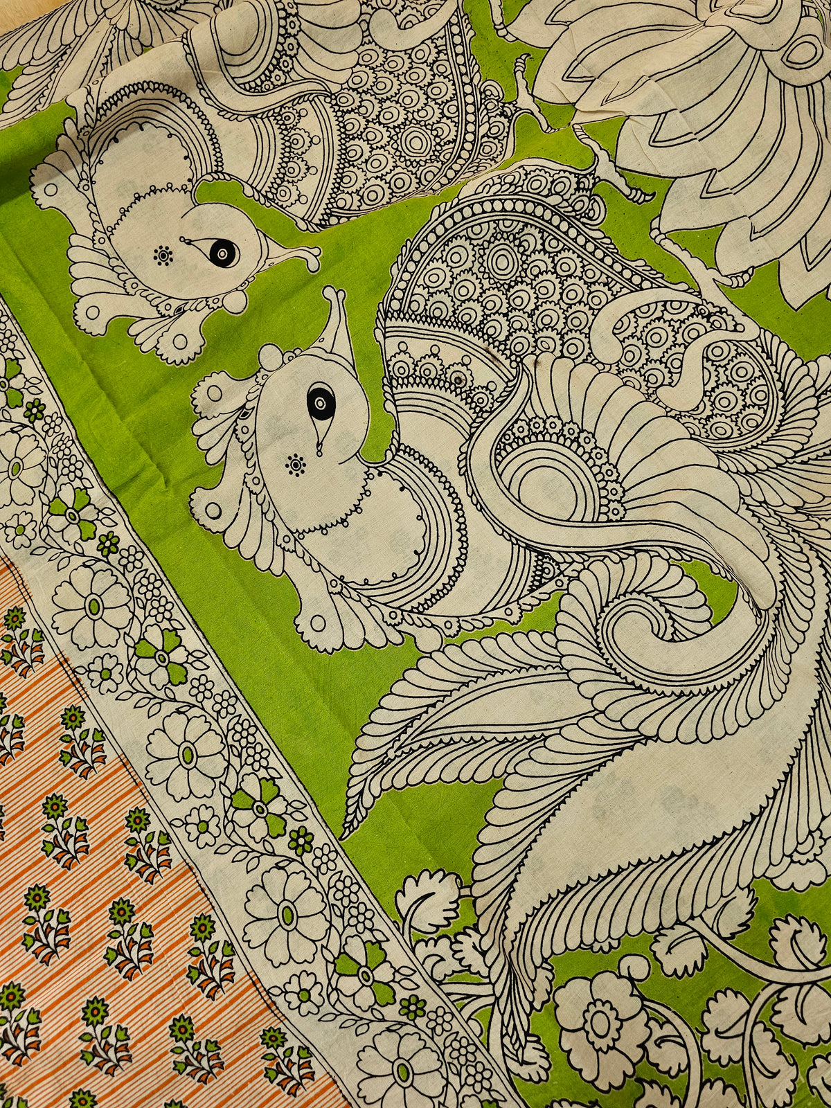 Cotton Kalamkari Printed Saree - Orange with Green