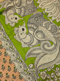 Cotton Kalamkari Printed Saree - Orange with Green