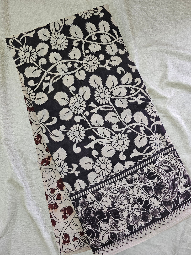 Cotton Kalamkari Saree - Black with Maroon