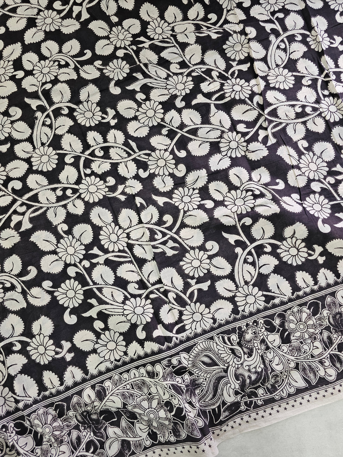 Cotton Kalamkari Saree - Black with Maroon