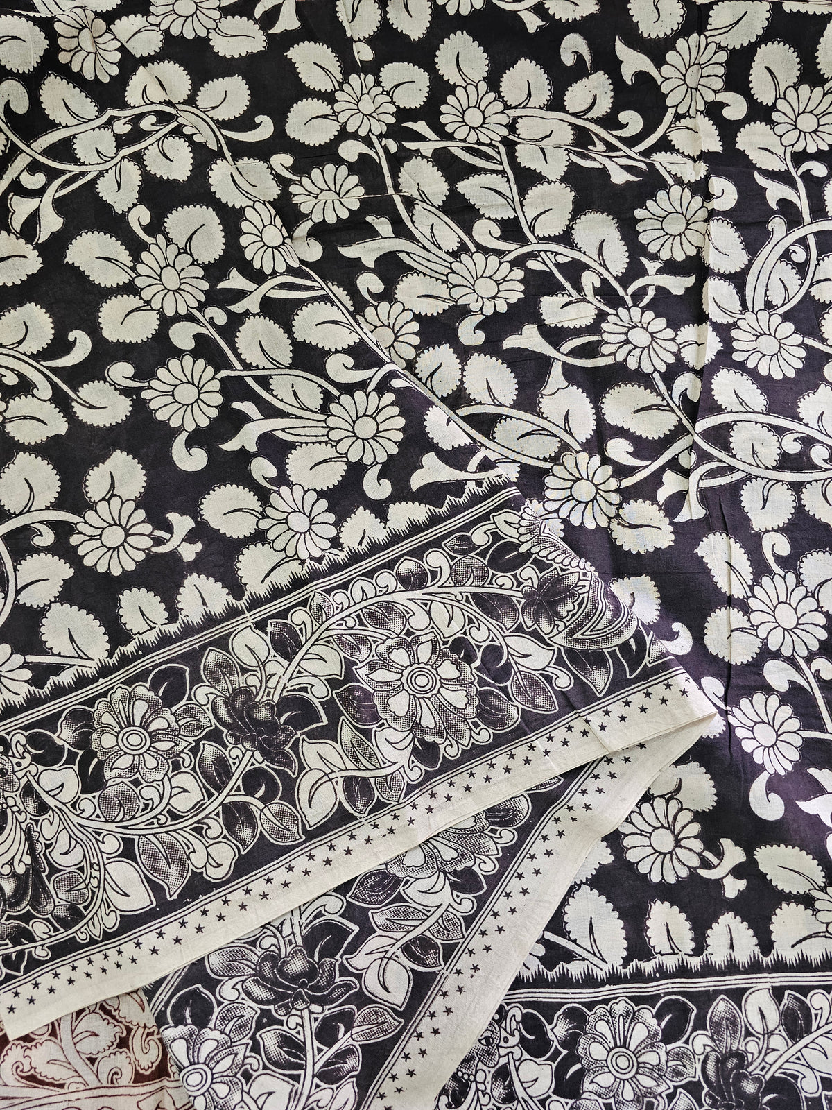 Cotton Kalamkari Saree - Black with Maroon