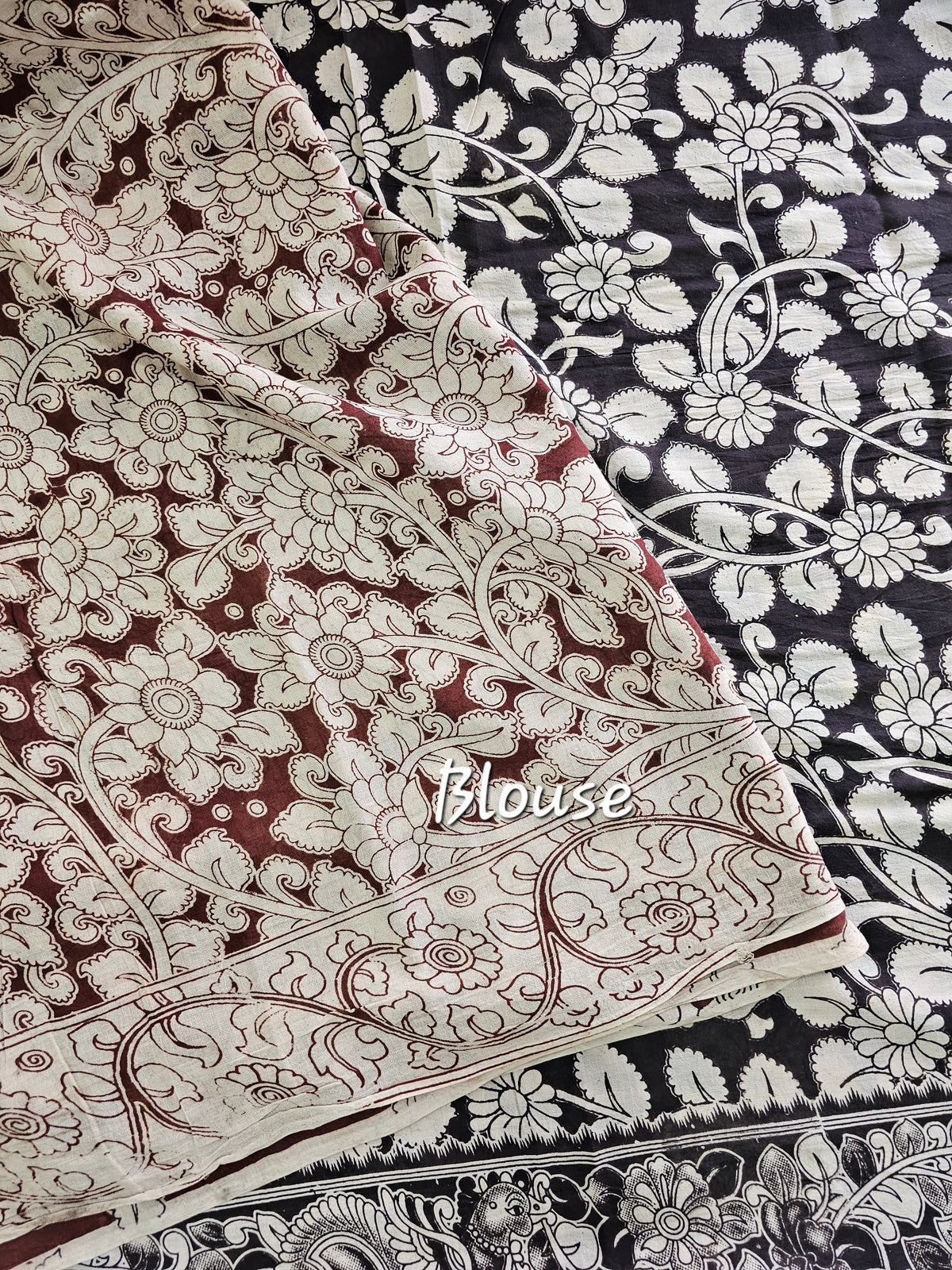 Cotton Kalamkari Saree - Black with Maroon