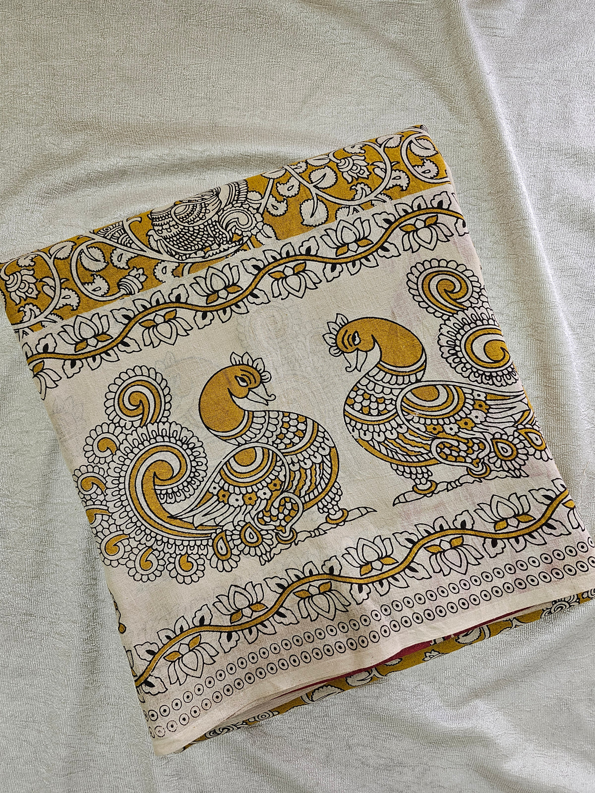 Cotton Kalamkari Saree - Yellow with Pink