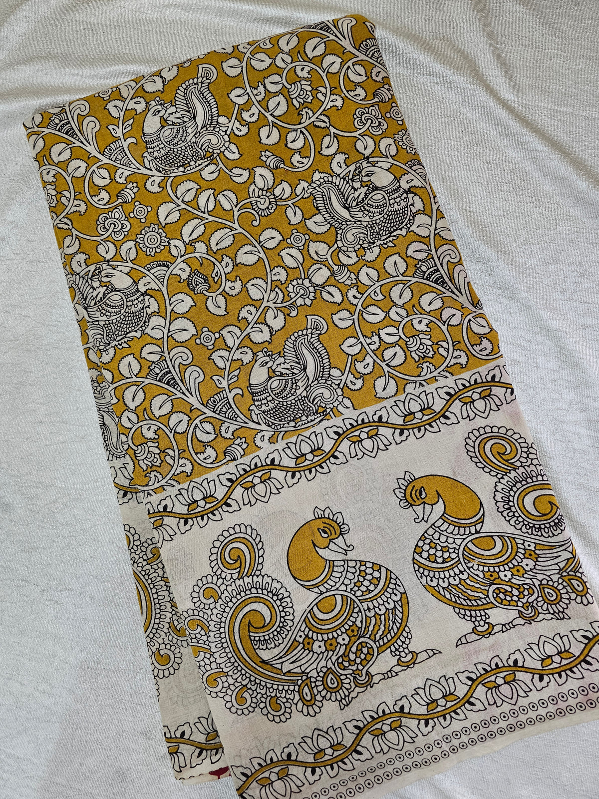 Cotton Kalamkari Saree - Yellow with Pink