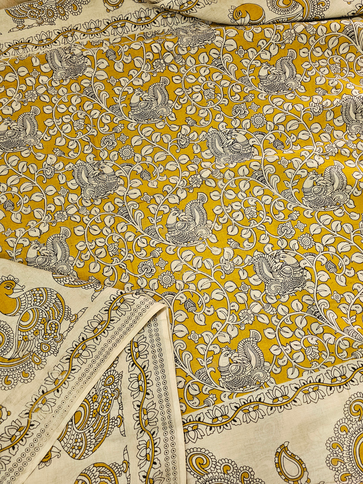 Cotton Kalamkari Saree - Yellow with Pink