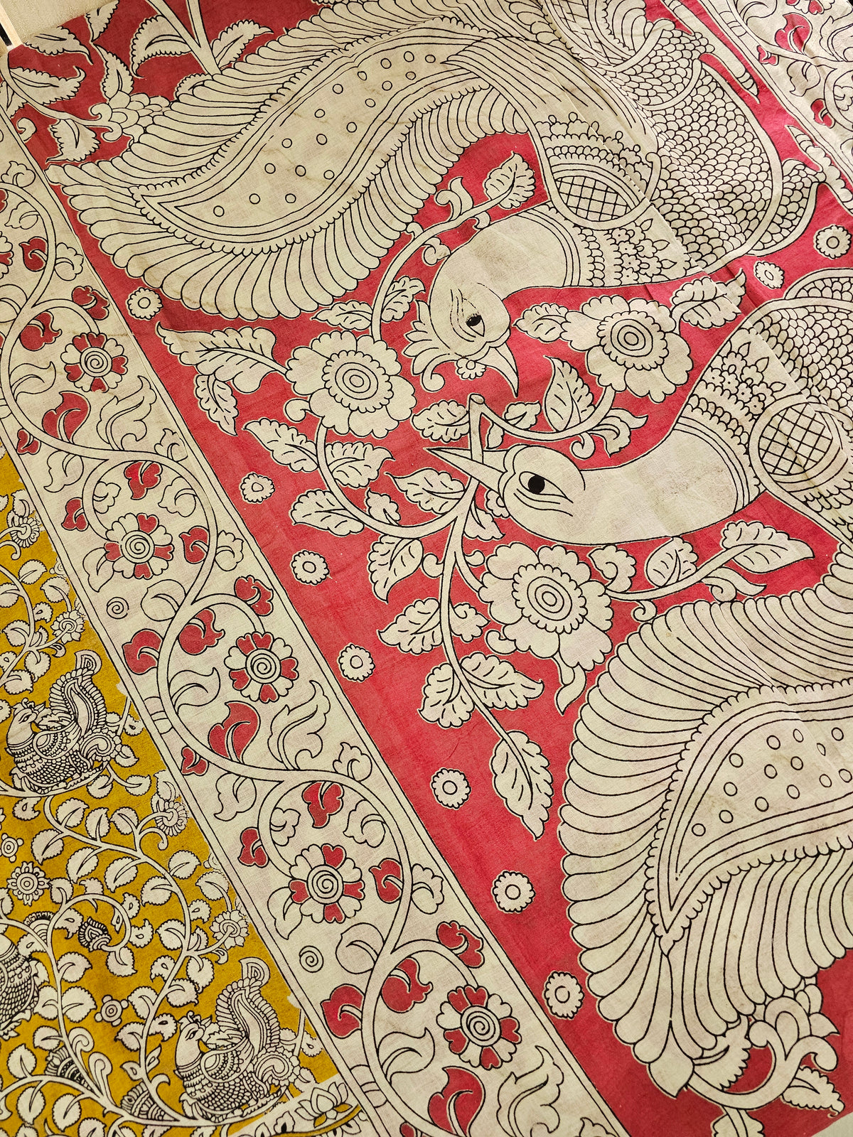 Cotton Kalamkari Saree - Yellow with Pink