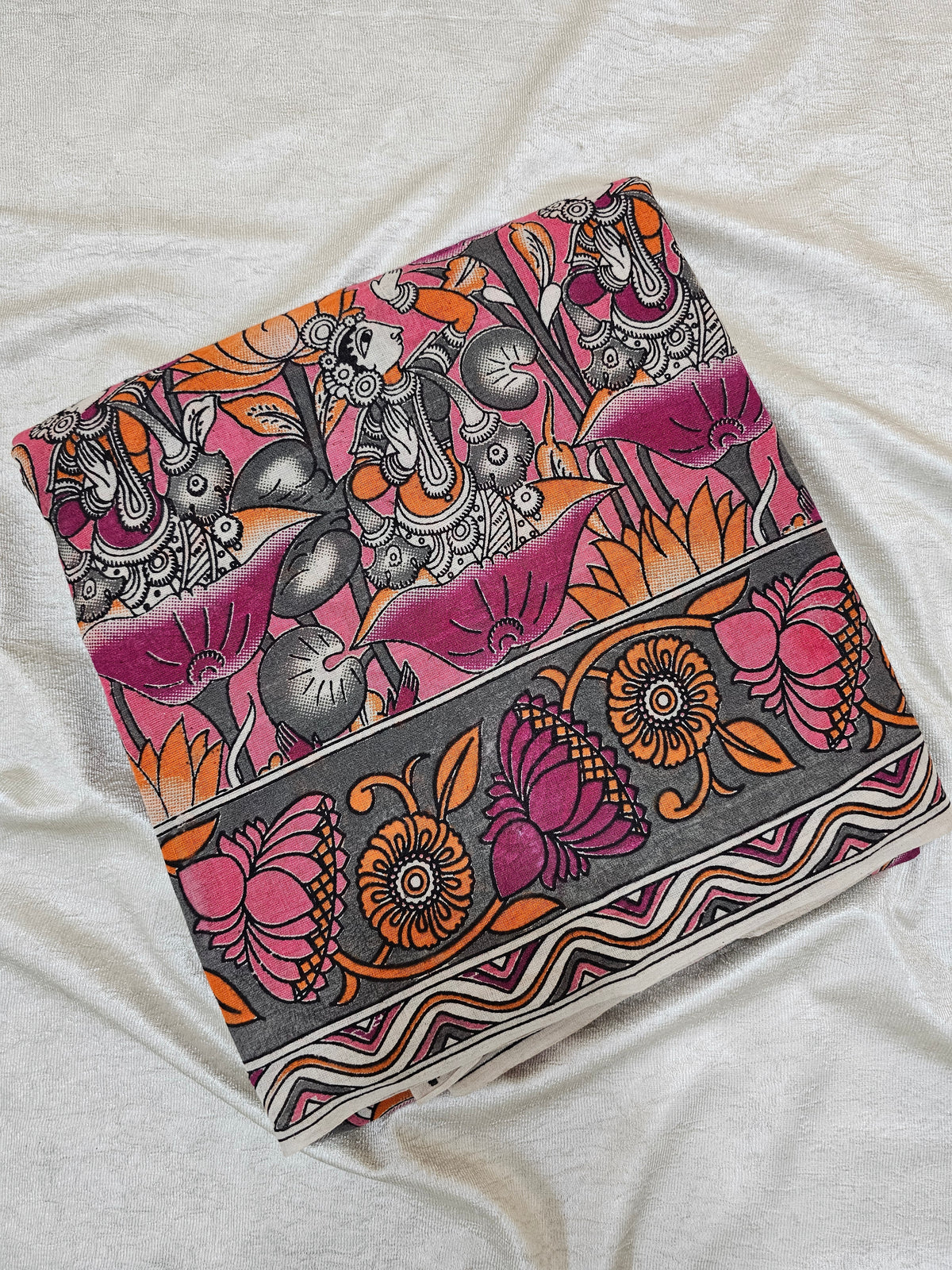 Cotton Kalamkari Saree - Orange with Pink