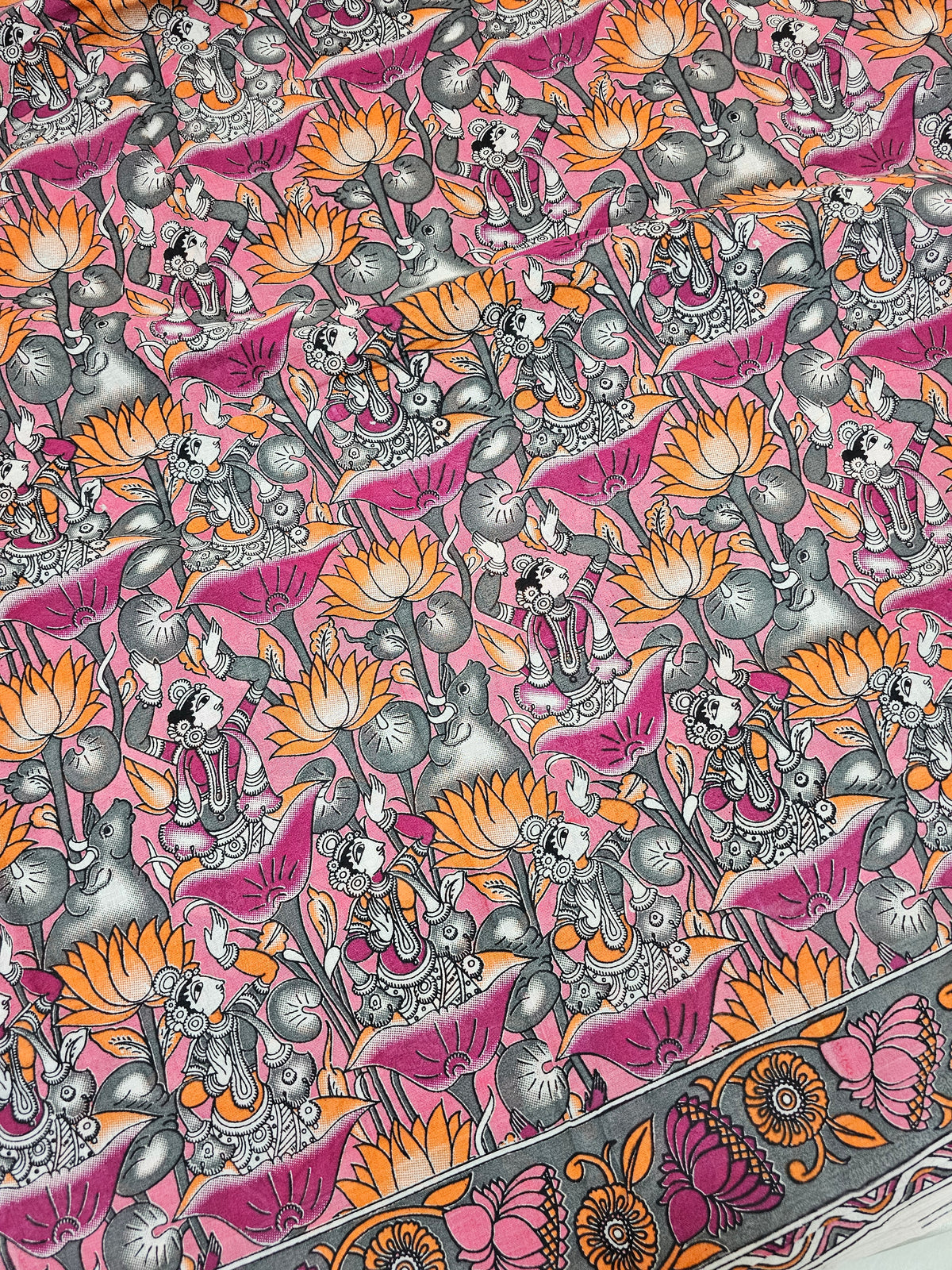 Cotton Kalamkari Saree - Orange with Pink