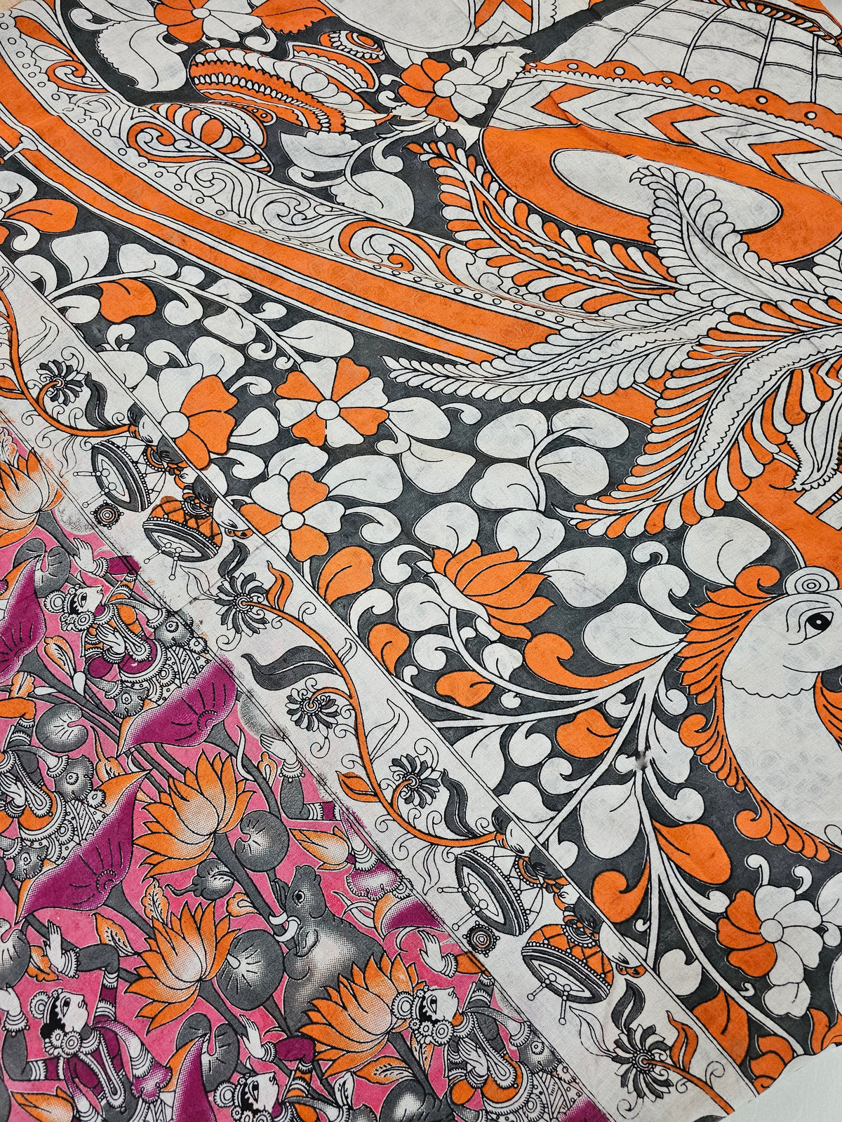 Cotton Kalamkari Saree - Orange with Pink