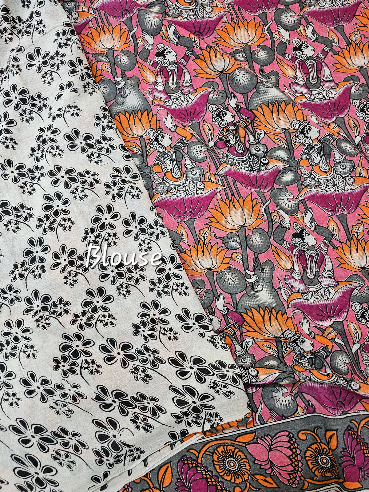 Cotton Kalamkari Saree - Orange with Pink