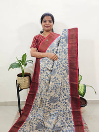 Pure Tussar Silk Saree with Zari Border - Cream Grey with Red