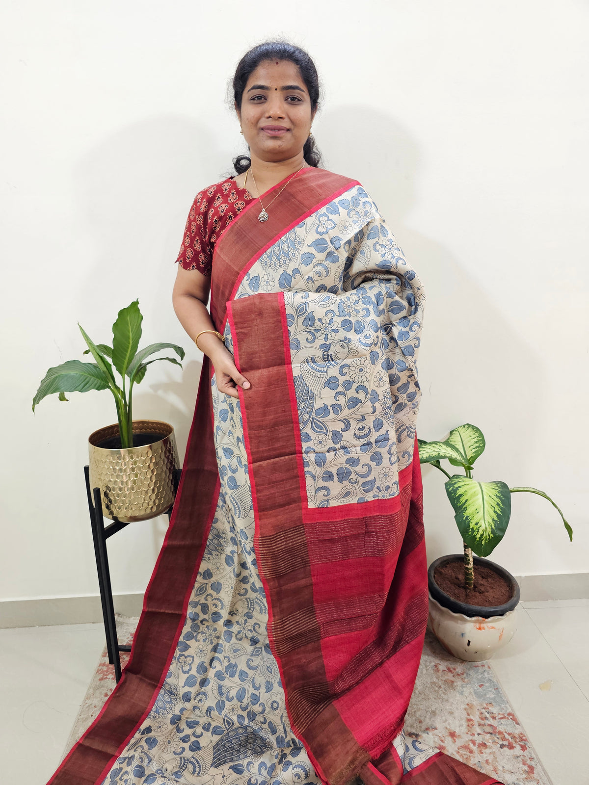 Pure Tussar Silk Saree with Zari Border - Cream Grey with Red