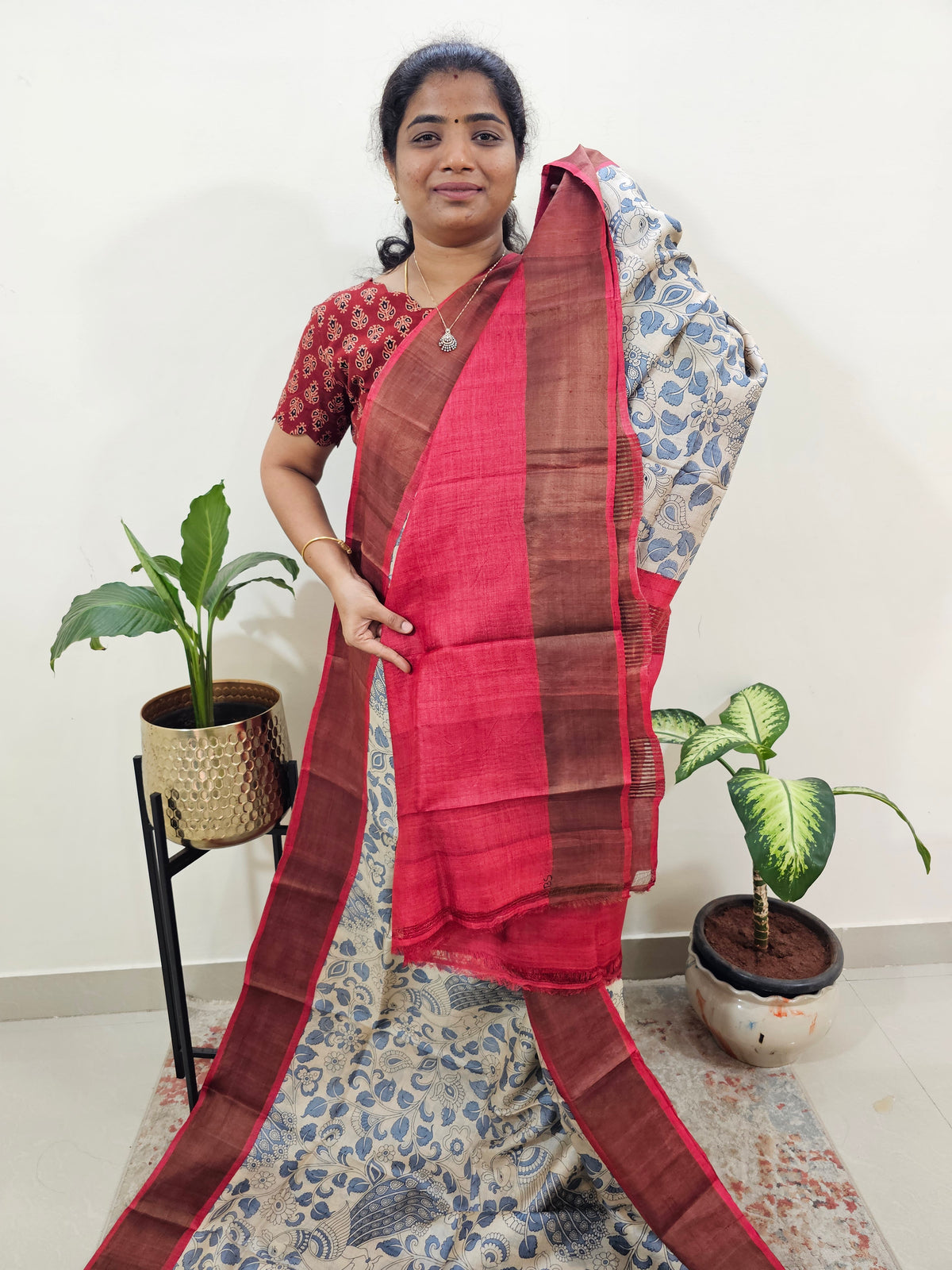 Pure Tussar Silk Saree with Zari Border - Cream Grey with Red