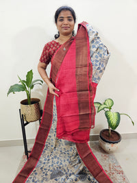 Pure Tussar Silk Saree with Zari Border - Cream Grey with Red