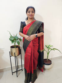 Semi Raw Silk Saree - Dark Red with Black
