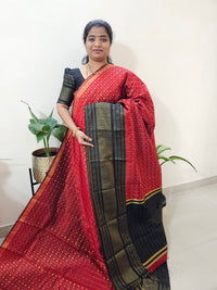 Semi Raw Silk Saree - Dark Red with Black