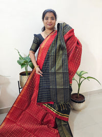 Semi Raw Silk Saree - Dark Red with Black