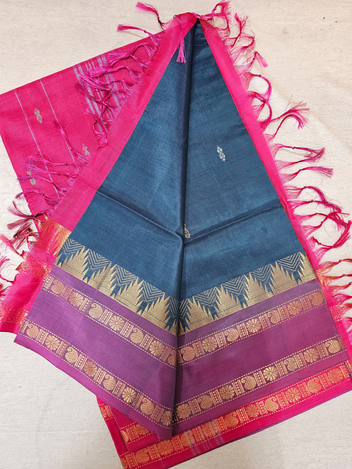 Chinnalampattu Border - Peacock Green with Pink
