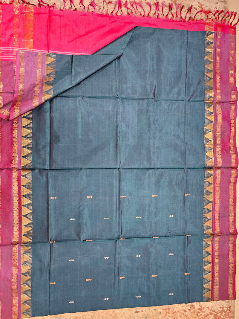 Chinnalampattu Border - Peacock Green with Pink