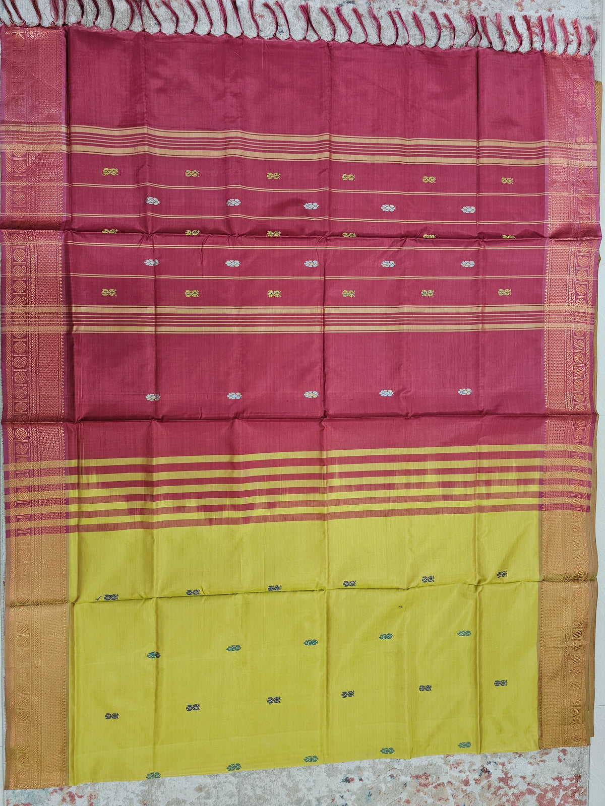 Chinnalampattu Border - Mustard Yellow with Red
