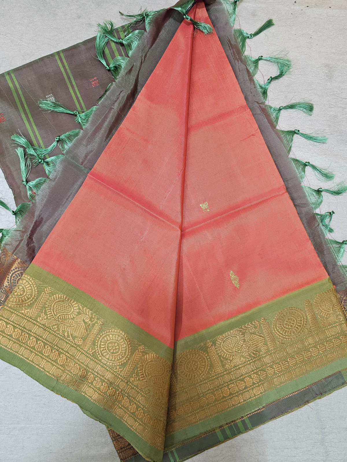 Chinnalampattu Border - Dark Peach with Green
