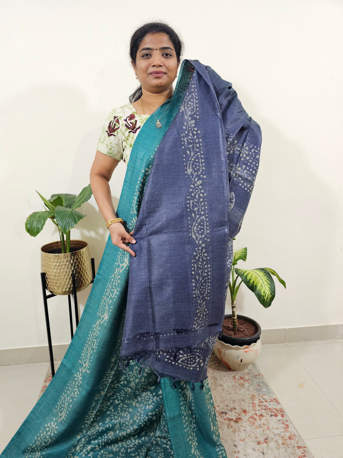 Bhagalpuri Batik Print - Sea Green with Blue