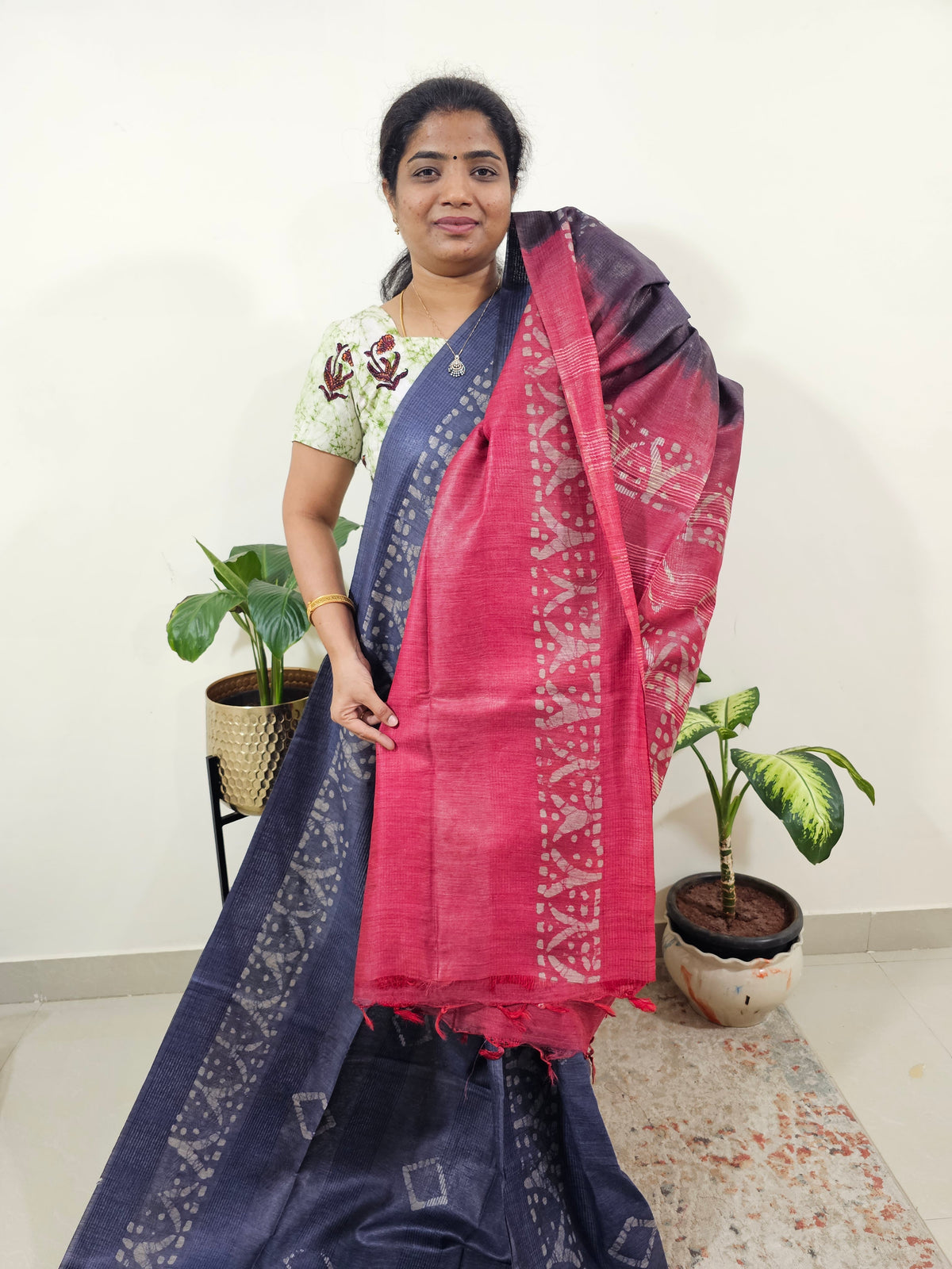 Bhagalpuri Batik Print - Blue with Pink