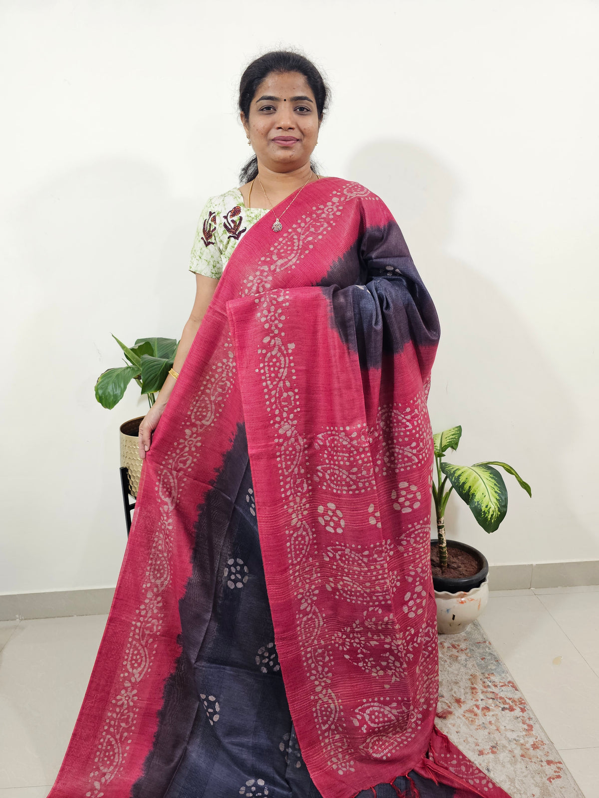 Bhagalpuri Batik Print - Blue with Pink